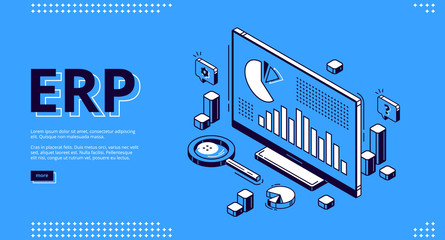 ERP, enterprise resource planning isometric landing page. Productivity and improvement system, data analysis charts on pc monitor, business integration 3d vector illustration, web banner, line art