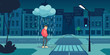 © klyaksun - Depressed man stand under cloud with falling rain on empty night city street near crossroad with dark buildings and glowing lamp. Depression, mental problems, loneliness Cartoon vector illustration