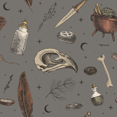 Poster - Seamless pattern with magic background for witches and wizards. Mystical objects for witchcraft vector illustration. Skull of bird, banks with potion, feather, runes on stone. Wicca, pagan traditions.