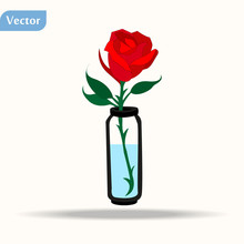 Red Roses With Leaves In Glass Vase With Water Illustration Vector Eps10