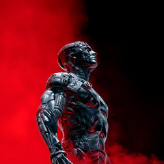 Wall Mural - dark chrome visions / 3d illustration of futuristic heroic metallic science fiction male humanoid cy