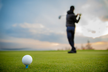 Wall Mural - golfer on a green pitch batting golf ball