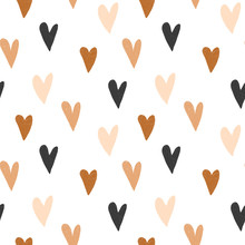 Seamless Pattern Of Hand Drawn Simple Hearts In Pastel Brown And Neutral Beige Colors On White Background