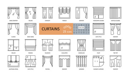 Set window curtains 25 icons with editable stroke. French, Austrian, Japanese, classic curtains, blinds, drapery, wicker, for the bathroom. Thin symbols for interior design, textiles shop.