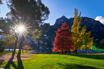 Beautiful and colorful autumn in Riva del Garda, Garda lake surrounded by mountains, Trentino Alto Adige region, Lago di garda, italy