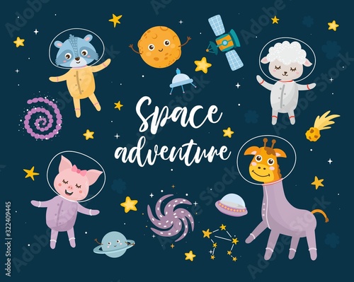 Fotografía Space adventure kids illustration with hand lettering and different elements of cosmos