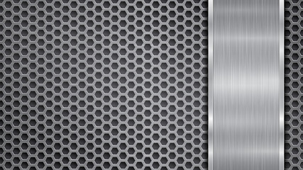 Background in silver and gray colors, consisting of a perforated metallic surface with holes and one vertical polished plate located on right side, with a metal texture, glares and shiny edges