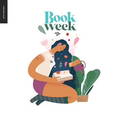 Watering design template -World Book Day graphics -book week events. Modern flat vector concept illustrations of reading people -a brunette girl with watering a plant in the pot, reading a book