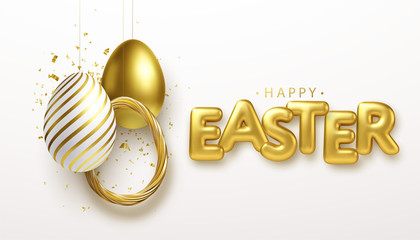 Wall Mural - Happy Easter lettering background with 3D realistic golden glitter decorated eggs, confetti. Vector illustration