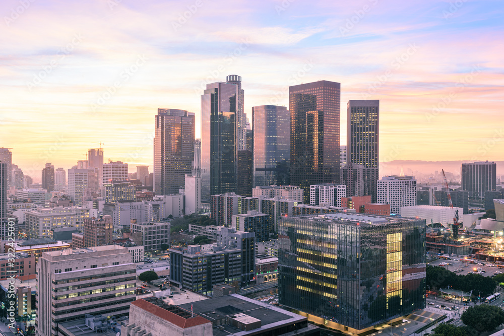 Downtown Los Angeles  skyline at sunset - obrazy, fototapety, plakaty 