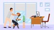 Massage at office workplace with portable massage chair vector illustration. People therapist masseur man and worker business woman patient at job break. Company room interior, computer desk, phone.