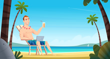 Man Lying On Sunbed With Notebook And Drinks Tropical Cocktail. Remote Working Concept