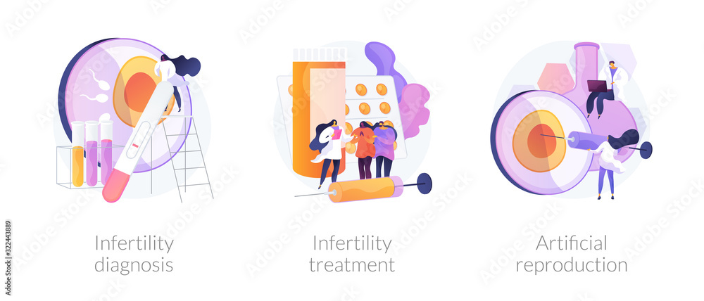 Pregnancy planning, reproductive function problems. Infertility diagnosis, infertility treatment, artificial reproduction metaphors. Vector isolated concept metaphor illustrations. - obrazy, fototapety, plakaty 