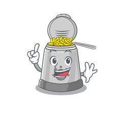 Sticker - mascot cartoon concept deep fryer in One Finger gesture