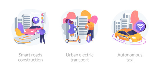 Canvas Print - IoT city technology, transport infrastructure connections. Smart roads construction, urban electric transport, autonomous taxi metaphors. Vector isolated concept metaphor illustrations.