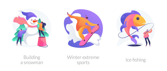 Sticker - Winter activities, hobby and recreation, outside leisure, snowboarding. Building a Snowman, winter extreme sports, ice fishing metaphors. Vector isolated concept metaphor illustrations.