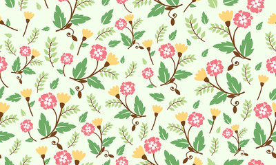 Wall Mural - Cute of spring flower pattern background, with elegant leaf and flower decoration.