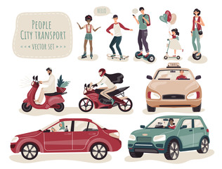 People using different kinds of transport, set of cartoon characters, vector illustration. Teenager riding skateboard and roller skaters, adult men and women driving car and bike. Modern transport set