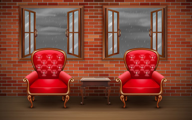 Wall Mural - red chairs at windows in the rain	