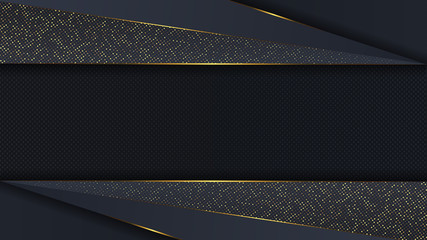 Carbon luxury abstract background with black overlap layers. Texture carbon with luxury golden glitters dots.