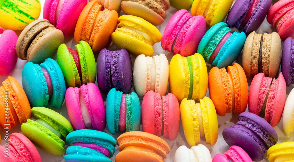 A french sweet delicacy, macaroons variety closeup.macaroon colourful texture. - obrazy, fototapety, plakaty 