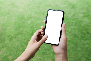 Poster - close-up women hand using smart phone white screen