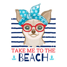 Chihuahua Dog In Vintage Haiband Red Glasses. Cute Cartoon Trendy Puppy, Doggy Art For Girl T-shirt Print, Tee Fashion Design. Isolated On White, Navy Stripes Background. Sea Summer Humour Slogan