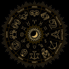 zodiac astrology horoscope illustration gold line on black minimal style.