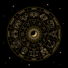 zodiac wheel astrology horoscope black and gold color