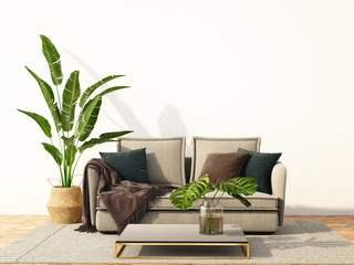 interior design with sofa on white wall and wooden floor,3d illustration.3d rendering