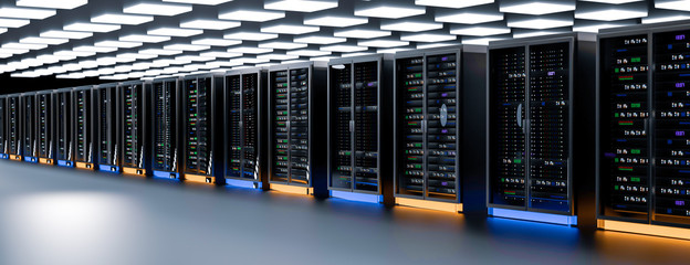 Server room data center. Backup, mining, hosting, mainframe, farm and computer rack with storage information. 3d render