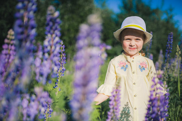 Portrait of a little girl in a hat in a field of flowers. Field of Lupins. Summer