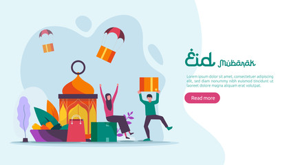 Sticker - islamic design illustration concept for Happy eid mubarak or ramadan greeting with people character. template for web landing page, banner, presentation, social, poster, ad, promotion or print media.