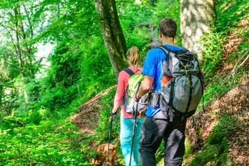 Wall Mural - Junges Paar mit Hund beim Wandern im felsigen Wald