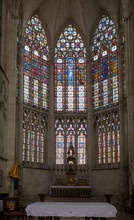  Colorful Stained Glass Windows And Altar In  Basilique Saint-Urbain, 13th Century Gothic Church In Troyes, France