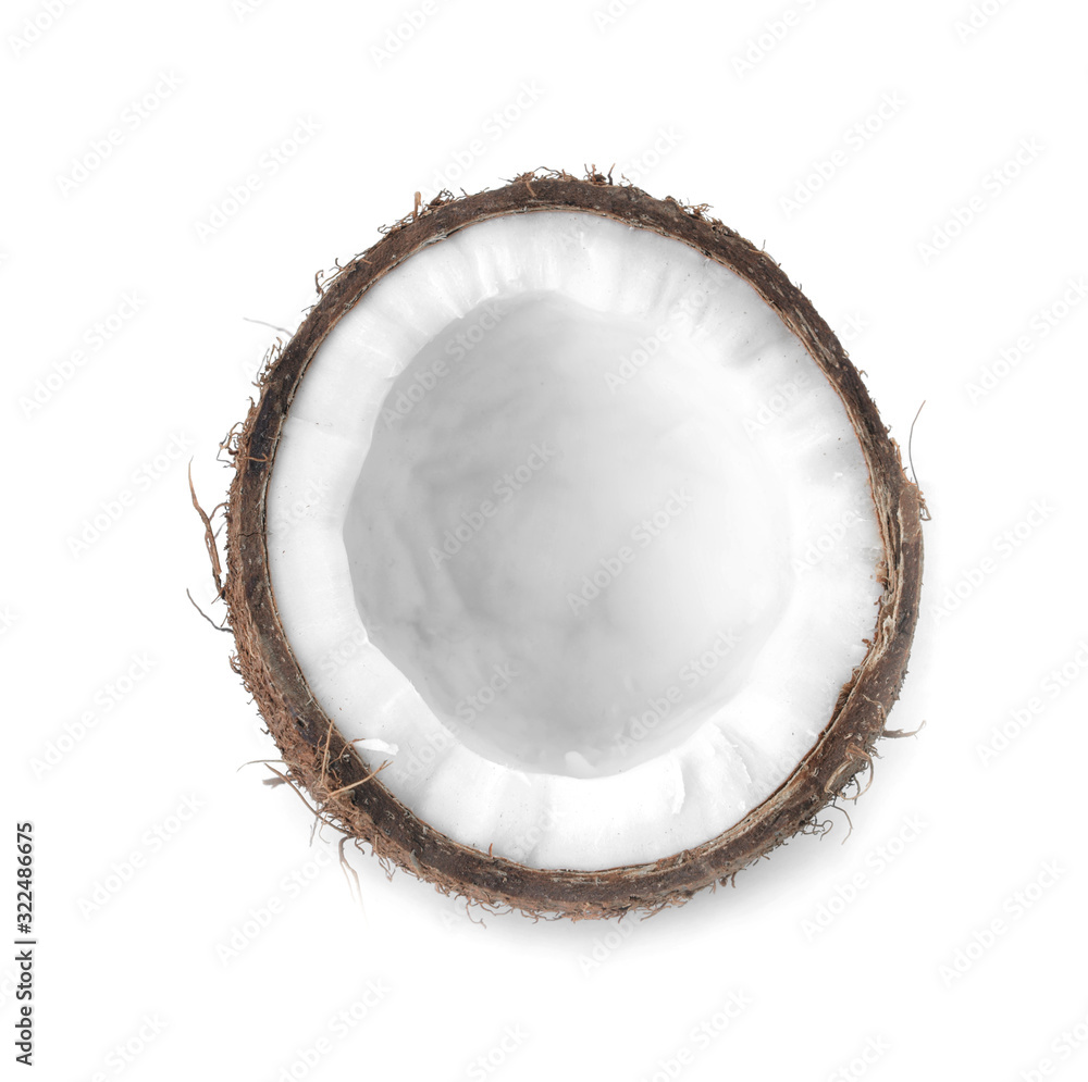 Half of ripe coconut on white background