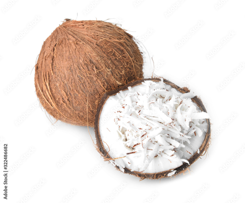 Ripe coconuts on white background