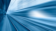 High Speed Train Runs On Rail Tracks . Train In Motion.