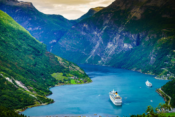 Poster - Fjord Geirangerfjord with cruise ship, Norway.