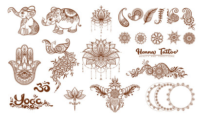 set of elements for design in mehendi, traditional indian henna style. ethnic style compositions. fl