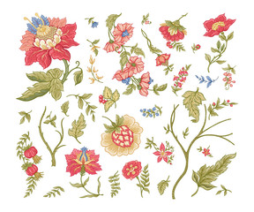 Wall Mural - Set of Fantasy flowers in retro, vintage, jacobean embroidery style. Embroidery imitation isolated on white background. Vector illustration.