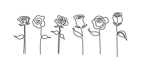 Set of rose flowers continuous line drawing. Contour single one hand drawn minimalism pack collections.
