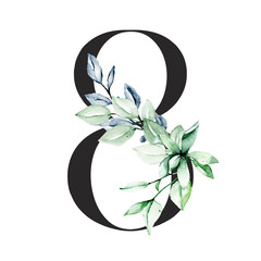 Number 8 with watercolor leaf. Perfectly for wedding, birthday invitations, greeting card, logo and other floral design. Hand painting. Isolated on white background. 