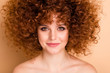© deagreez - Close up photo beautiful she her wear no clothes nude lady sincere smile amazing ideal body hair skin condition stylist curls perms roller curlers wellness vitality isolated beige pastel background
