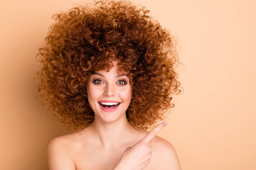 Sticker - Close up photo beautiful she her wear no clothes nude excited lady curls fashion procedure stylist perms roller curlers salon empty space direct finger show sale discount isolated beige background