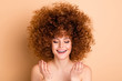 © deagreez - Close up photo beautiful she her no clothes nude lady eyes closed washing ideal wet facial skin hand splash water curls fashion procedure stylist perms roller curlers isolated beige pastel background