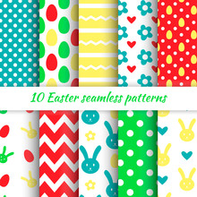 Happy Easter Set Of Cute Holiday Easter Backgrounds. Collection Of 10 Seamless Patterns In Yellow, Green, And Red Colors. Vector Illustration.