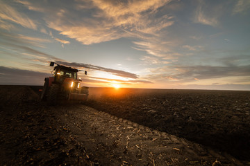 Wall Mural - Tractor plowing fields in sunset