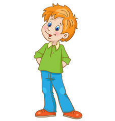 Poster - A funny boy stands with his hands folded behind him. In cartoon style. Isolated on white background. Vector illustration.