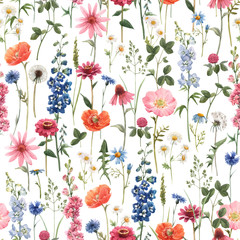 Beautiful vector floral summer seamless pattern with watercolor hand drawn field wild flowers. Stock illustration.